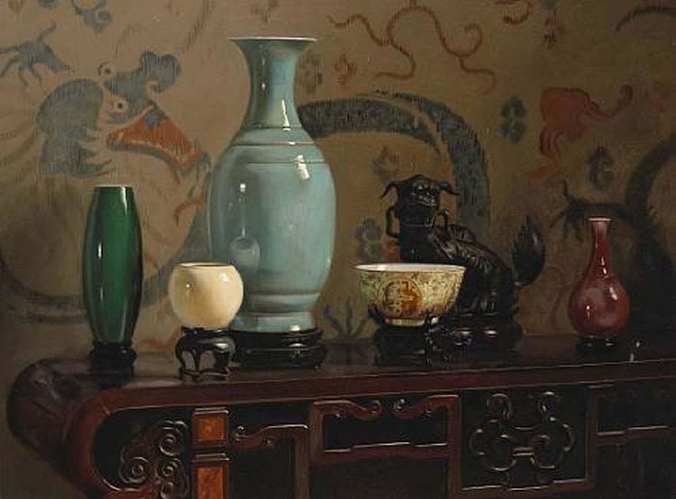Asian Still Life with Blue Vase, oil painting by Hubert Vos